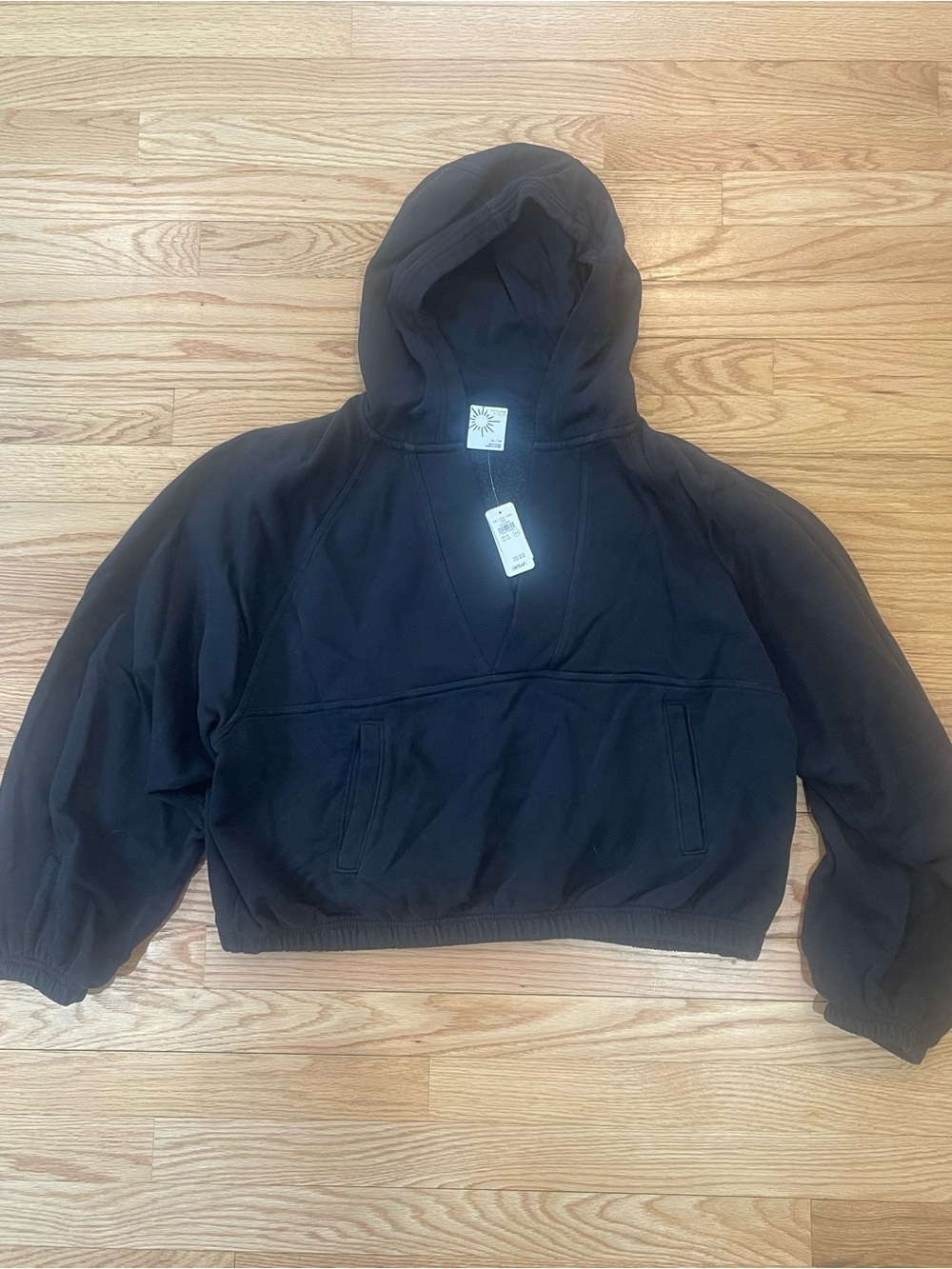 Offline by Aerie Black Cropped Hooded Sweatshirt - Women's Crew/Scoop Neck